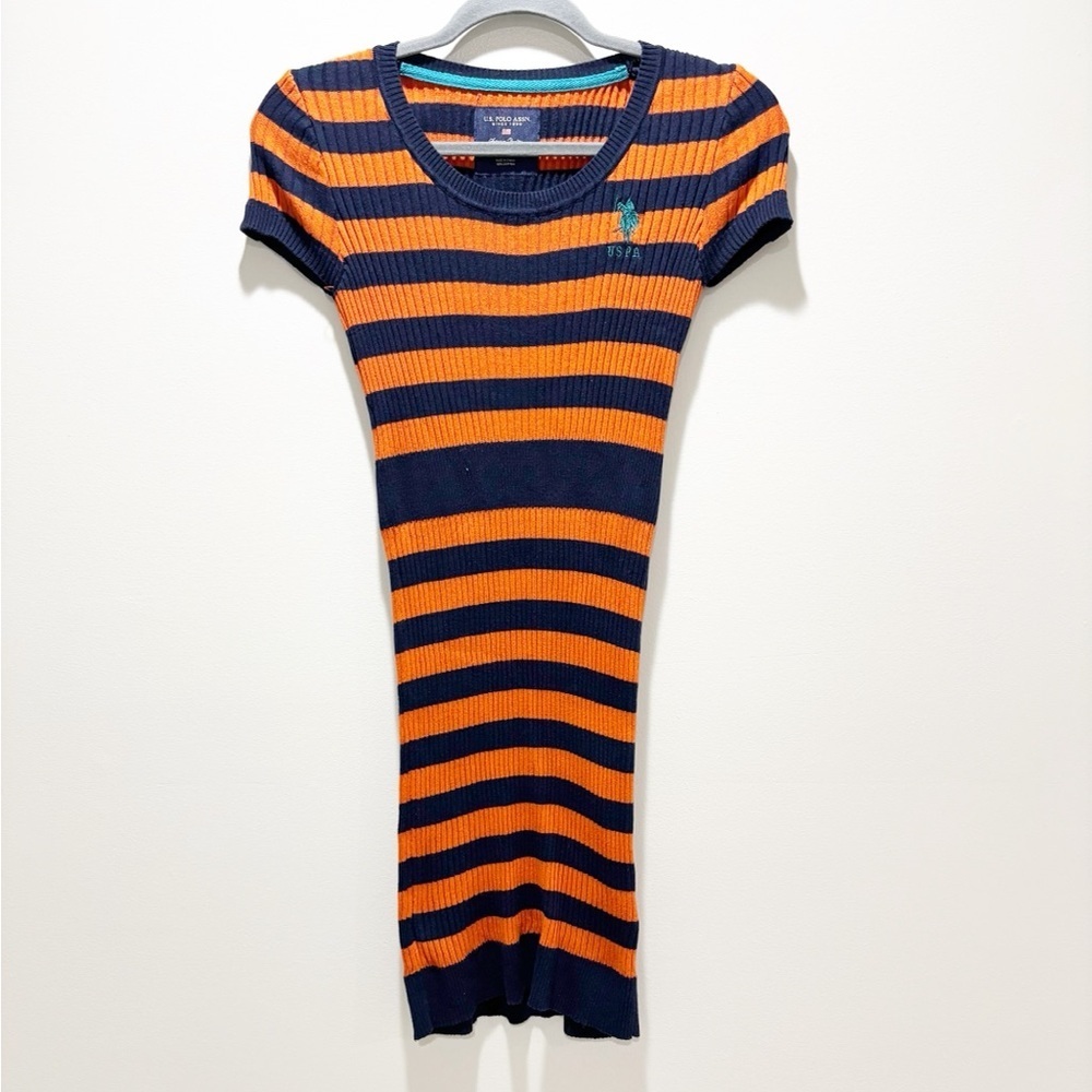 U.S.POLO ASSN. Women’s Y2K Striped Navy Orange Ribbed Fitted Logo Rugby Dress M